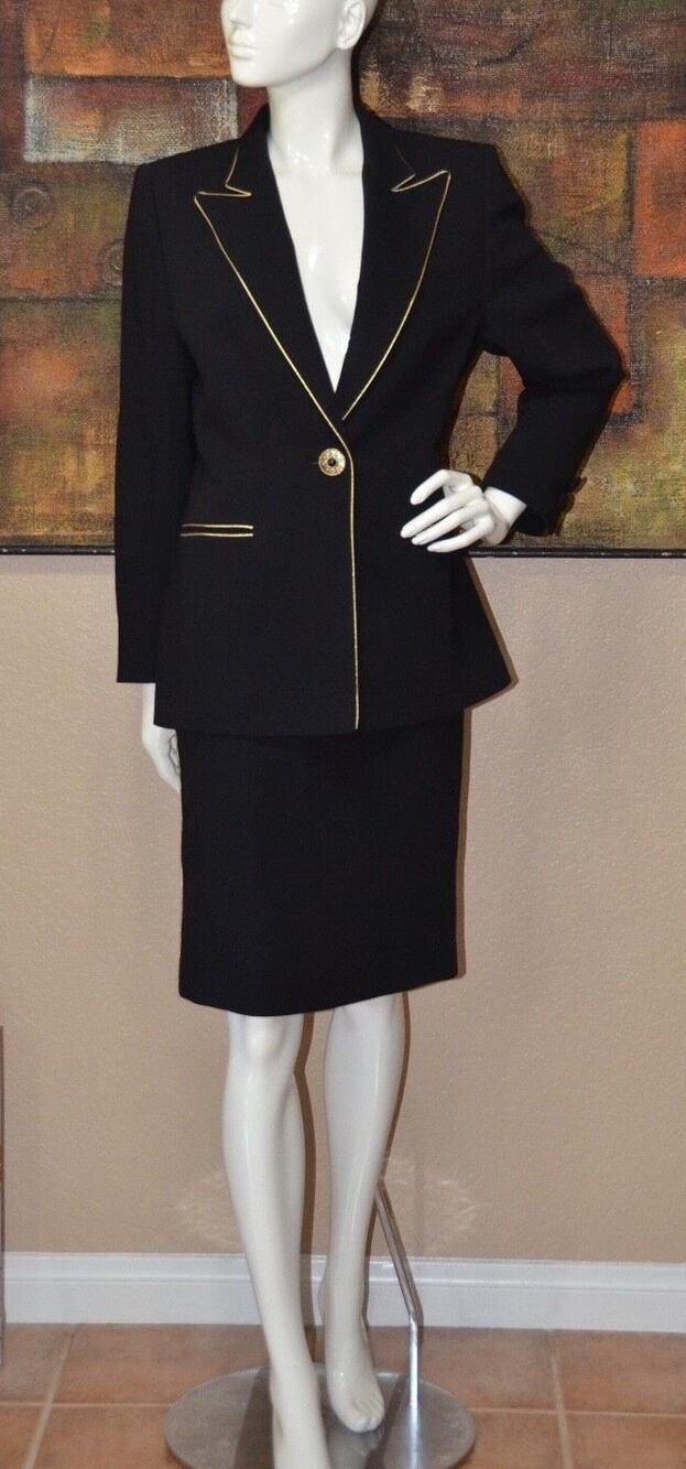 ALAN CHERRY Designer Haute Couture Black /Gold Jacket & Skirt Suit